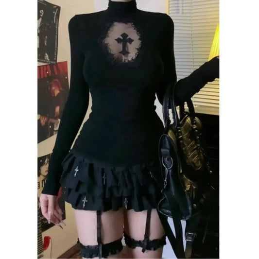 Sexy Woman Y2k Clothing Goth Cross Hollow Out Tshirt Slim Punk 2000s Hot Girl Lace Long Sleeves High Collar Harajuku Vintage Top