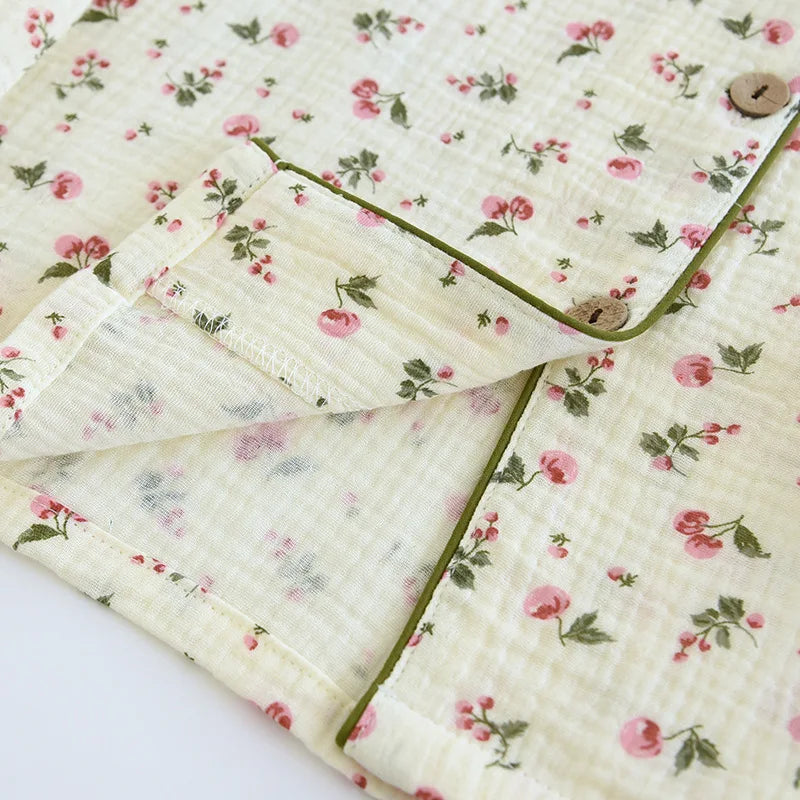 2025 Spring and Autumn Women's Pajama Set 100% Cotton Crepe Long sleeved Pants Two piece Cute and Sweet Home Fury Set Ladies