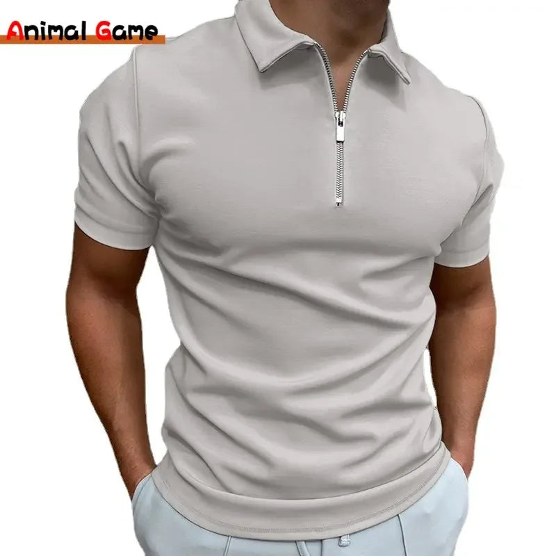 Summer Vibes Men's Polo Shirt - Solid Color, Short Sleeve, Zippered Turn-Down Collar for Effortless Casual Style