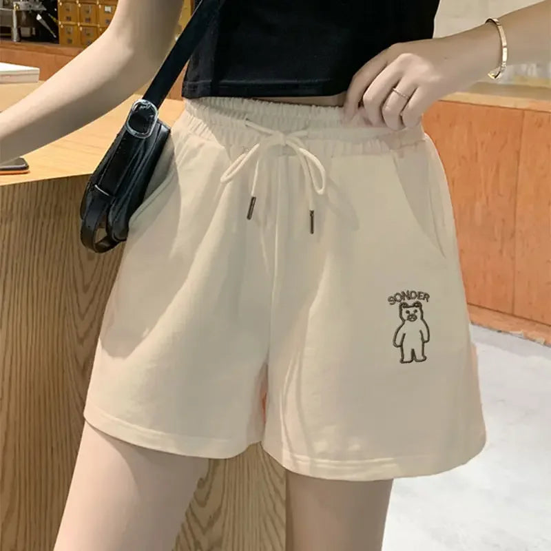 Loose Shorts Solid Pants For Women Streetwear Summer Clothes Cute Bear Printed Ropa De Mujer Elastic High Waist Casual Trousers