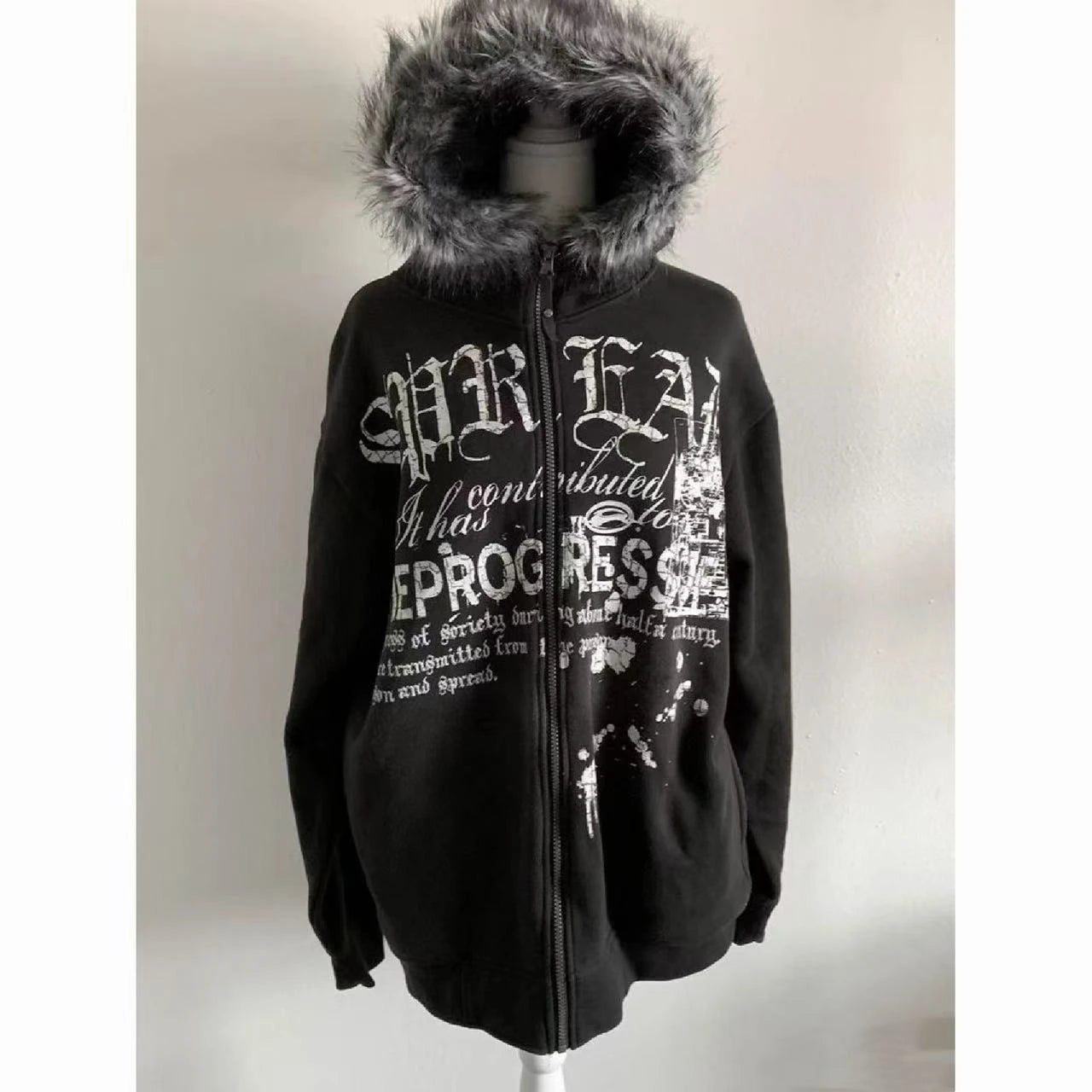 Korean Fashion Sweatshirts Harajuku Gothic Printed Coats Jackets Subculture Vintage Faux Fur Hooded Women Casual Y2k Clothing 3053