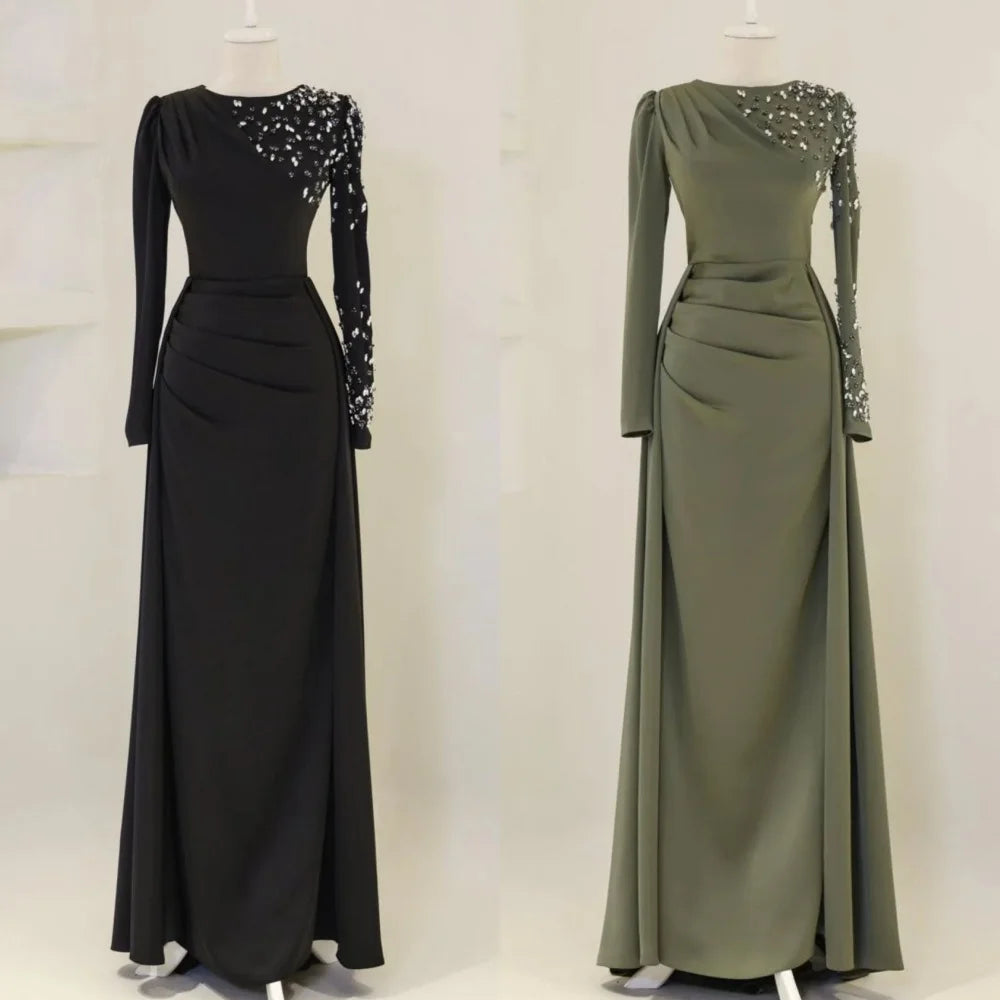 Customized Intricate Unisex Jersey Beading Sequined Draped Straight High Collar Long Dresses Bespoke Occasion Dresses Exquisite Badiee Stylez