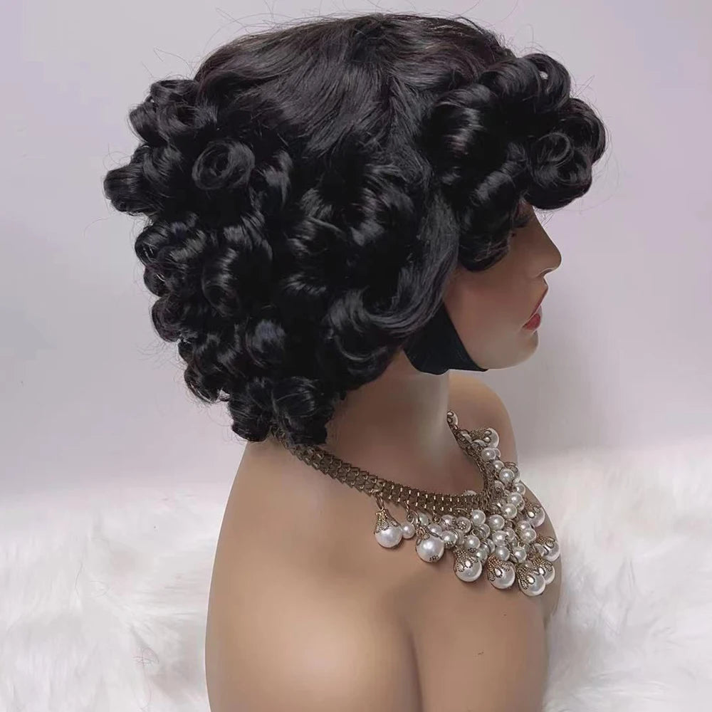 300% Pixie Cut Human Hair Wigs For Women Afro Rose Curly Funmi Glueless Wigs Human Hair Short Bouncy Curly Bob Wig With Bangs Badiee Stylez
