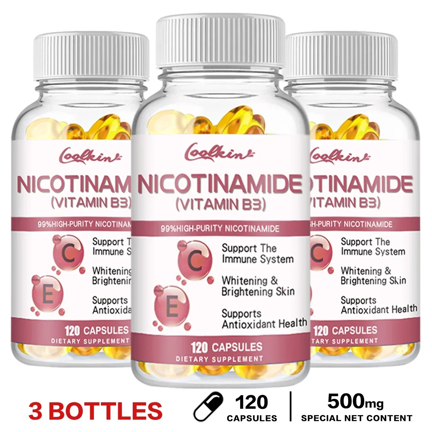 Niacinamide Whitening Capsules - with Vitamin B3, Supports Skin and Immune Health, Reduces Wrinkles and Fights Aging, Non-GMO 120 Capsule-3bottles