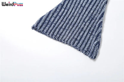 Weird Puss Patchwork Striped Women Casual 2 Piece Set Crochet Halter Low-Neck Vest+Pocket Pants Stretch Skinny Matching Suit Badiee Stylez