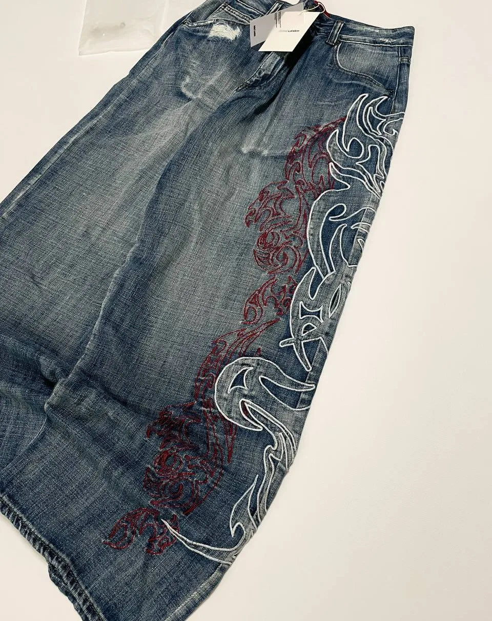 Street Fashion Y2K Asymmetrical Oversized Pattern High Waist Baggy Women Jean Vintage Harajuku Streetwear Straight Wide-leg Jean