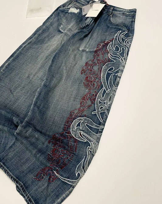 Street Fashion Y2K Asymmetrical Oversized Pattern High Waist Baggy Women Jean Vintage Harajuku Streetwear Straight Wide-leg Jean