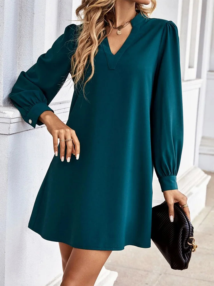 Office Lady Shirt Style Dresses Women's V-neck Long Sleeved Mini Dress Spring Autumn Solid Color Work Clothes