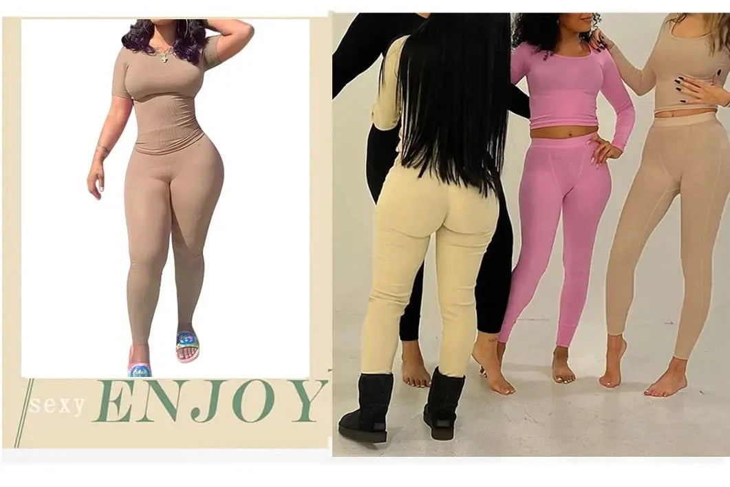 Lounge Wear Ribbed Casual 2 Piece Summer Shorts Set For Women Sleeve Top+Elastic Leggings Outfits