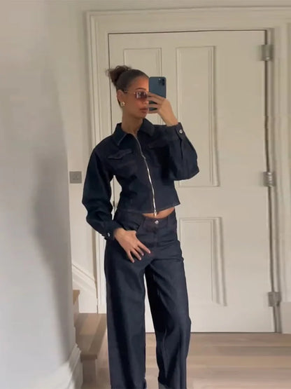 Lapel Zipper Denim Jackets Pants Sets Women Casual Pockets Short Jackets Suit With High Waist Jeans Lady Chic High Street Outfit