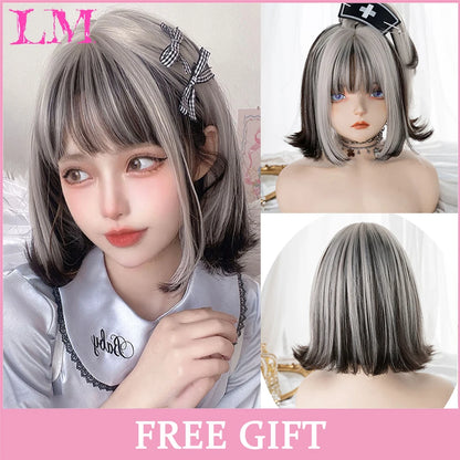 LM Long Silky Straight Synthetic Wigs with Bangs Black Cosplay Party Lolita Hair Wigs for Women Natural Heat Resistant Wig T1 27