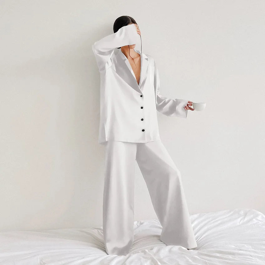 NHKDSASA Oversized Satin Silk Sleepwear Low Cut Sexy Pajamas For Women Single-Breasted Long Sleeves Wide Leg Pants Trouser Suits WHITE