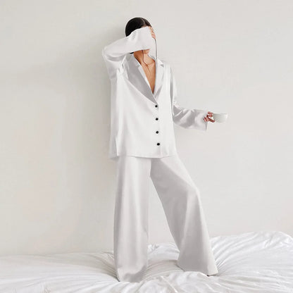 NHKDSASA Oversized Satin Silk Sleepwear Low Cut Sexy Pajamas For Women Single-Breasted Long Sleeves Wide Leg Pants Trouser Suits WHITE