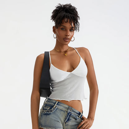 Women Camisole Tops Spaghetti Straps Tulle Patchwork Slim Fit Tank Tops Party Club Sexy Vinateg Corset Cropped Top Summer WHITE