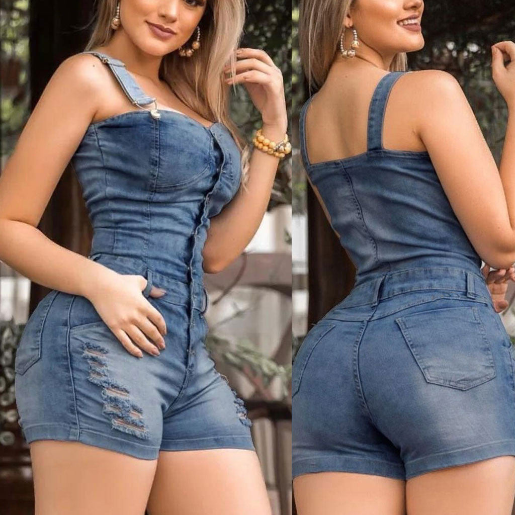 Womens' Jumpsuits Cropped Pants Fit Sleeveless Overalls Casual Streetwear Denim Pants For Womens Hole Jumpsuits Summer Shorts Badiee Stylez