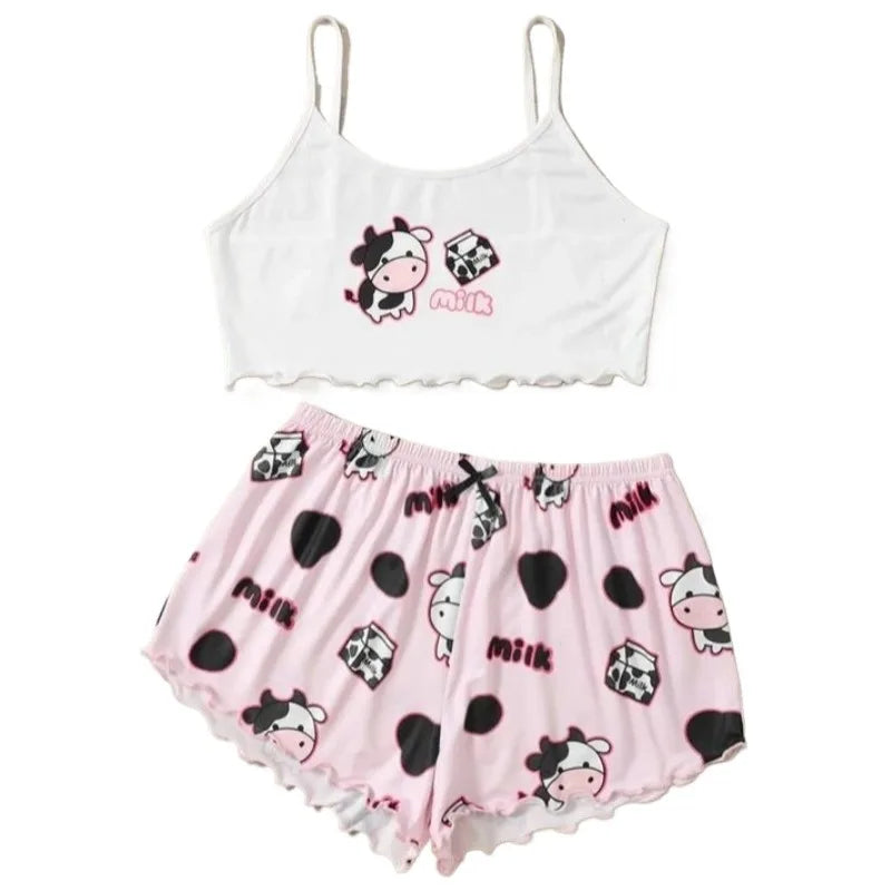 Women's 2pcs Cute Soft Comfy Cartoon Panda Print Sexy Sleepwear Sleeveless Shorts Homewear Pajama Set Loungewear