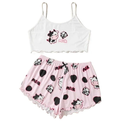 Women's 2pcs Cute Soft Comfy Cartoon Panda Print Sexy Sleepwear Sleeveless Shorts Homewear Pajama Set Loungewear