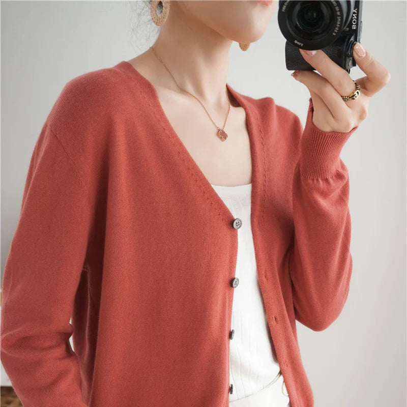 100% Cotton Line Long Sleeve V-Neck Knitted Cardigan Women Loose Short Solid Color Simple Sun Protection SMY K61