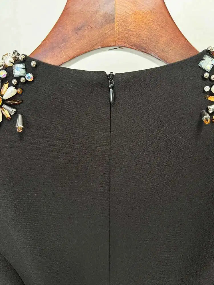 QMQA Fashion Women's Evening Dress Bead Diamond Spliced V Neck Long Sleeve High Waist Maxi Party Dresses 2025 Spring New QM324 Badiee Stylez