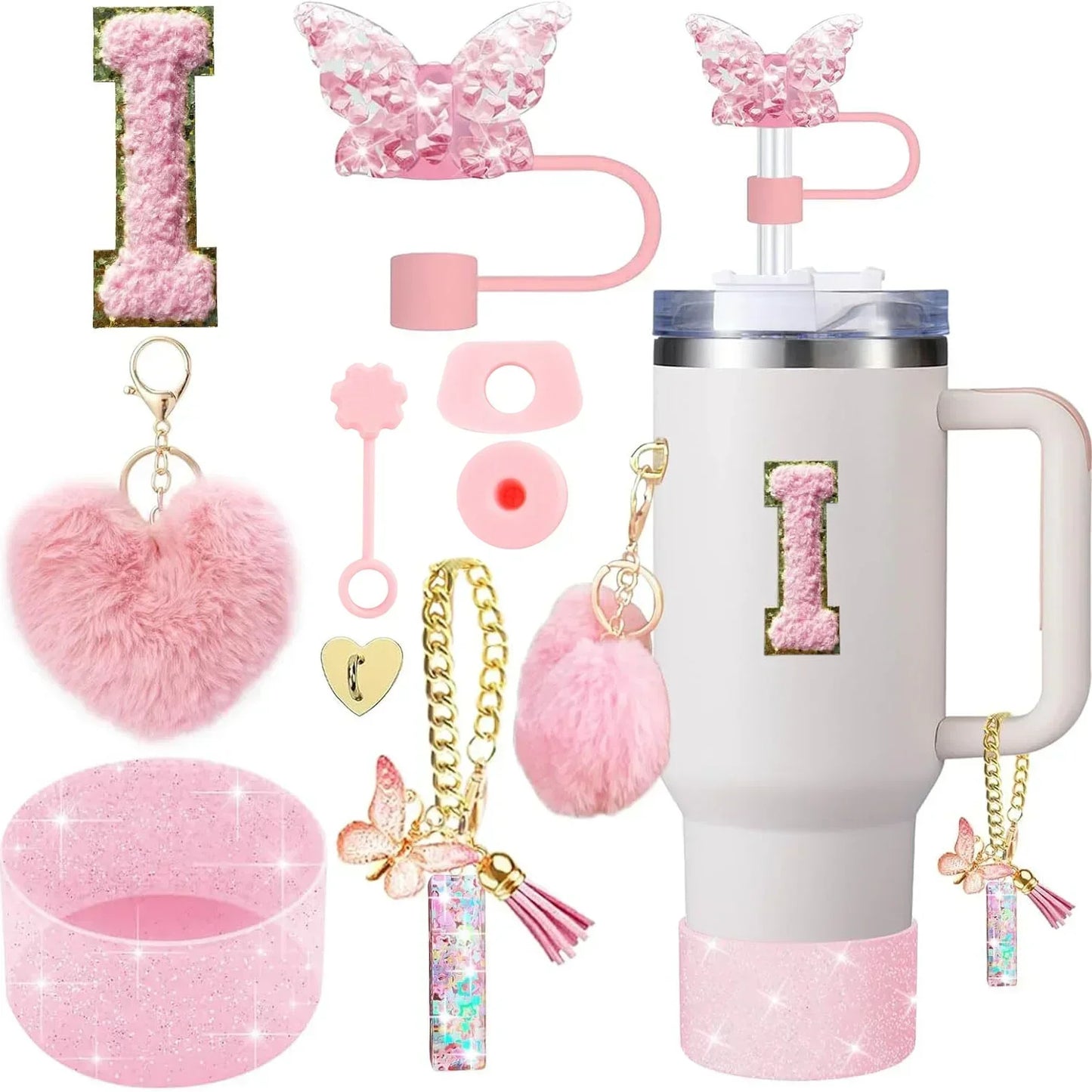 9PCS Accessory Set for Stanley Cup 30oz 40oz Butterfly Straw Cover Cap Silicone Boot Charm Initials Sticker Spill Proof Stopper Badiee Stylez