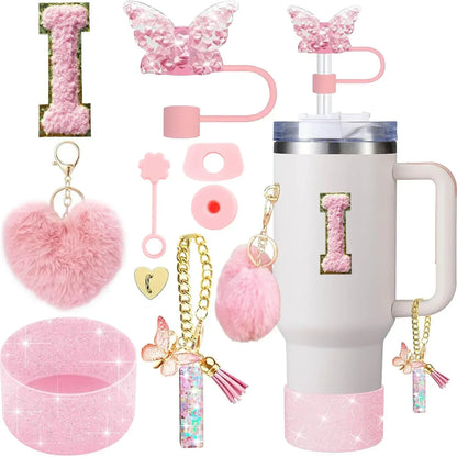 9PCS Accessory Set for Stanley Cup 30oz 40oz Butterfly Straw Cover Cap Silicone Boot Charm Initials Sticker Spill Proof Stopper Badiee Stylez