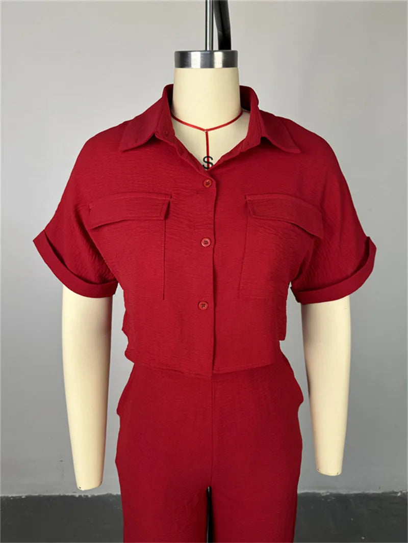 Women's Two-piece Set Spring Summer New Style Lapel Short-sleeved Shirt High Waist Wide Leg Trousers Casual Suit Women Clothing