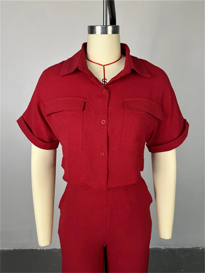 Women's Two-piece Set Spring Summer New Style Lapel Short-sleeved Shirt High Waist Wide Leg Trousers Casual Suit Women Clothing