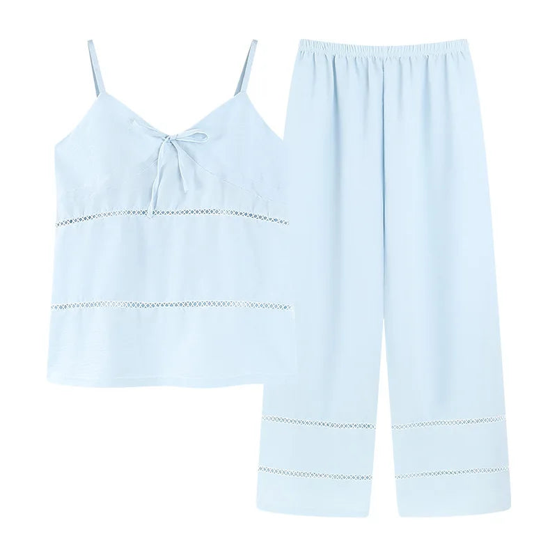 Women's Sexy Pajamas Set V-Neck Strap Suit Elegant Minimalist Faux Cotton Bow Sleeveless Top Long Pants Sleepwear Bra Pads