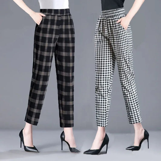 1pcs Spring Summer Women Cotton Comfort Breathable Pants Female Grid Flower Print Casual Loose Pant Lady Haren Straight Leg Pant