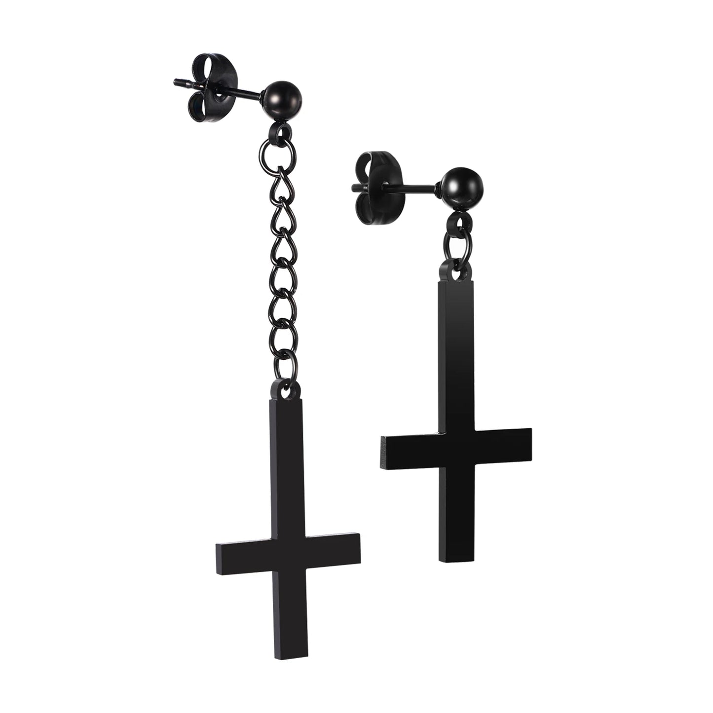 BONISKISS Men Women Stainless Steel Inverted Upside Down Cross Earring Church of Satan Temple Occult Satanic Witchy Stud Jewelry Asymmetrical Black