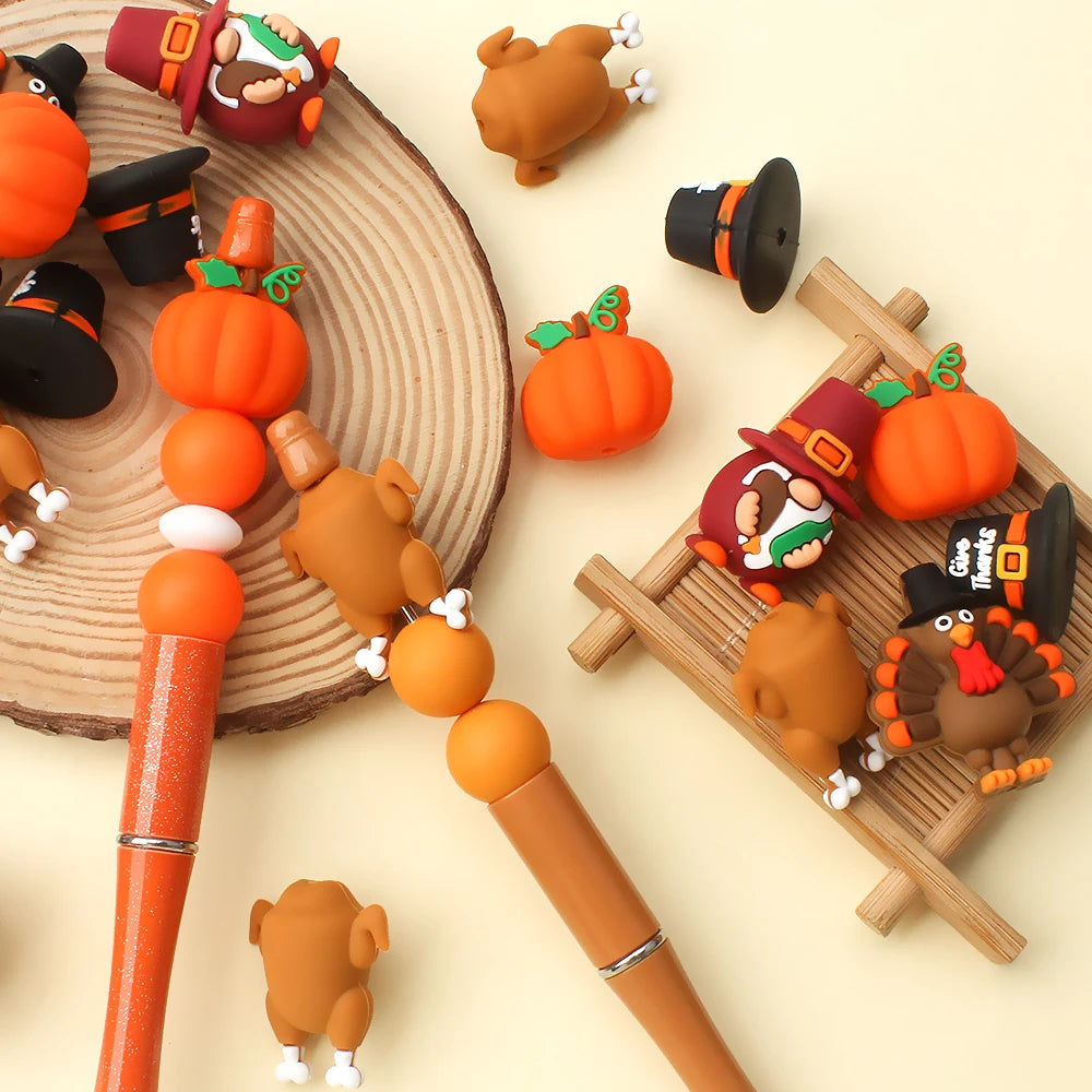 5/10/20pcs Thanksgiving Silicone Beads 3D Pumpkin Turkey Focal Beads for Jewelry Lanyards Keychain Bracelet Making Pen Decor