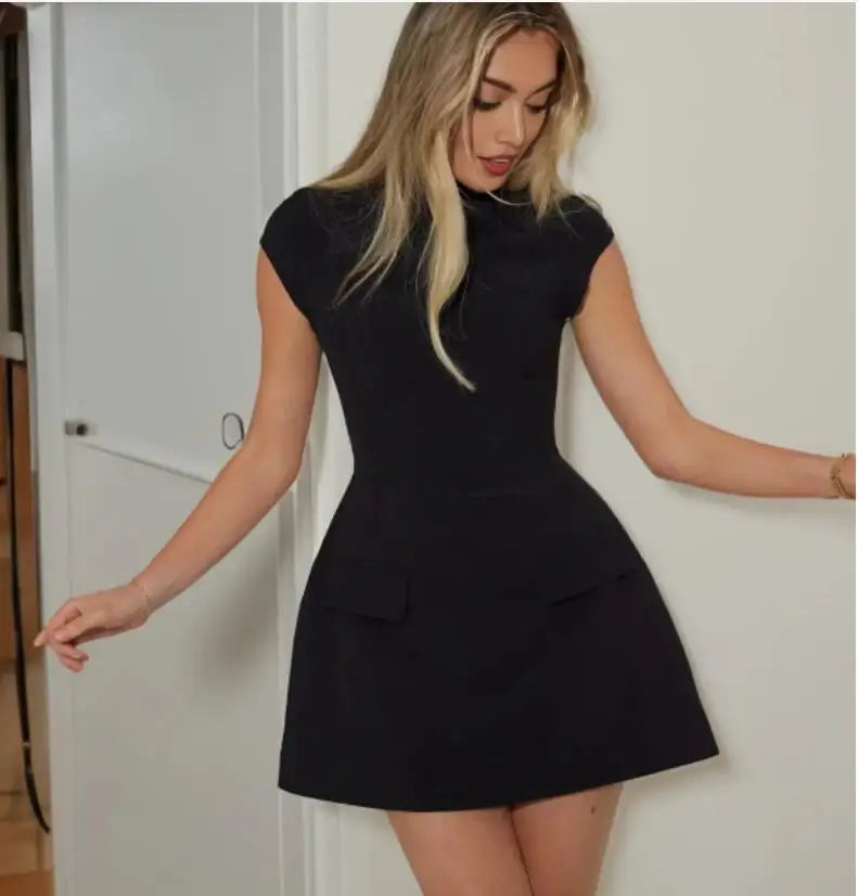 Elegant Slim Solid Mini Dress Women Summer Fashion O-neck Short Sleeve A-line Black Dresses Office Lady Chic Vestidos