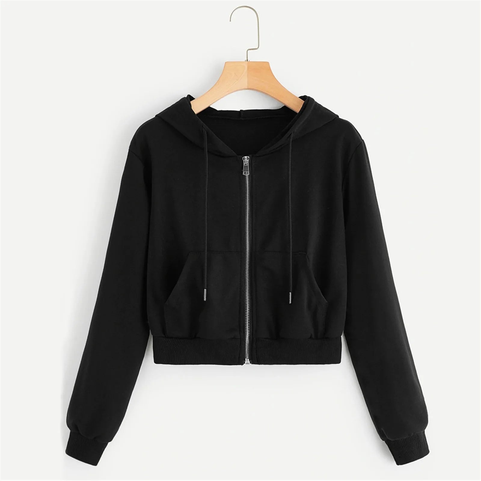 Women'S Casual Solid Colour Zip Pocket Top Drawstring Hooded Sweatshirt Roupas Femininas Chaqueta Mujer Winter Jacket Women New Black