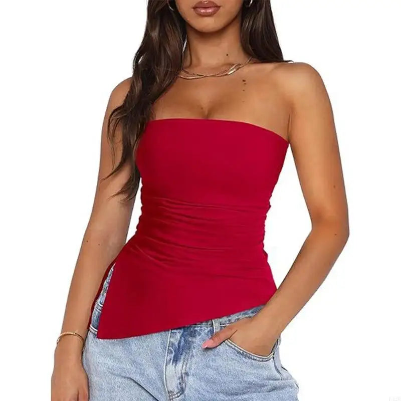 920L Strapless Ruched Asymmetrical Tube Top for Women Off Shoulder Bandeau Shirt Solid Color Side Split Fit Top Red CHINA