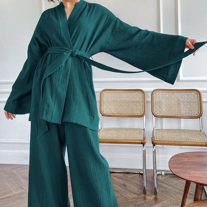 NHKDSASA Kimono Pajamas 2023 New 100% Cotton Crepe Long-Sleeved Trousers Ladies Sleepwear Suit Women's Home Service Mujer Cyan