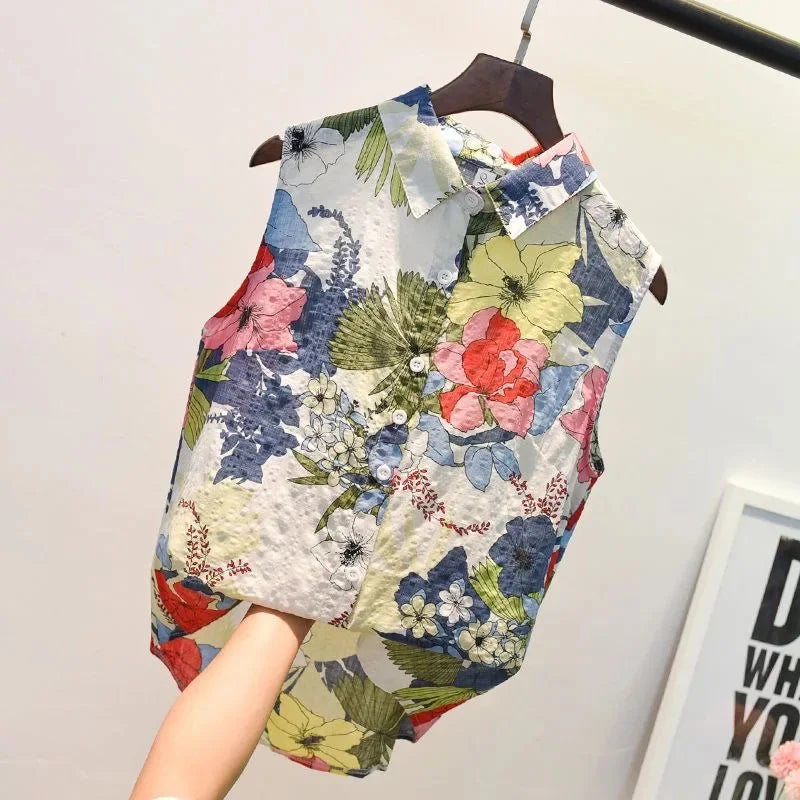 Women Summer Style Blouses Shirts Lady Casual Sleeveless Turn-down Collar Printed Blusas Tops green