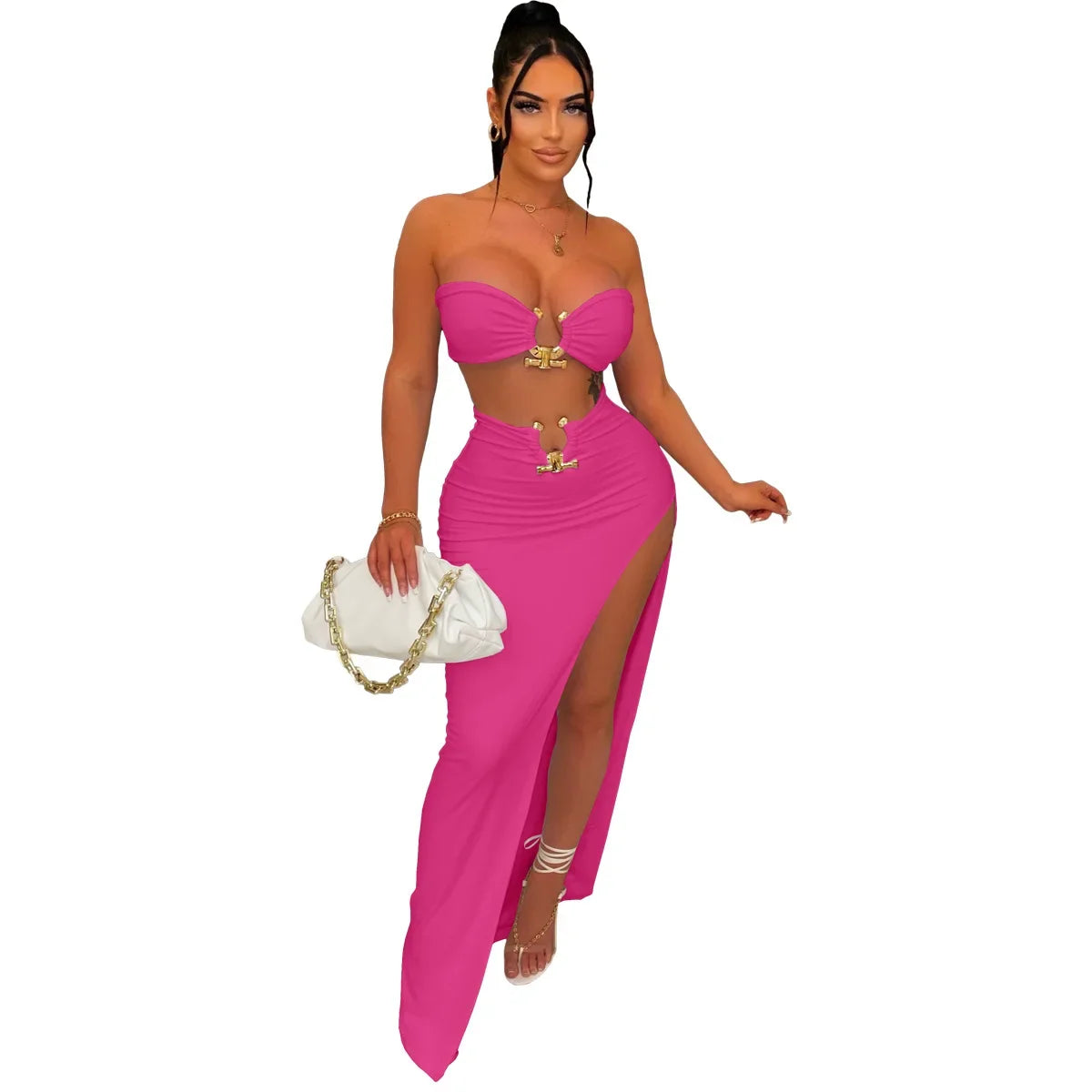 New Chic Gold Ring Bandeau Slit Skirt Two-Piece Set Womens Beautiful Off Shoulder Matching Skirt Set Nightclub Outfits Badiee Stylez