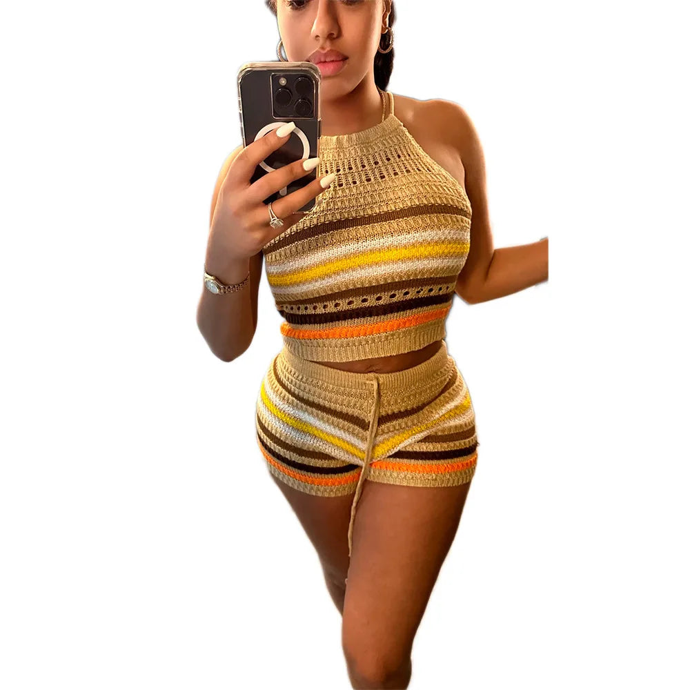 Striped Hollow Out Top & Drawstring Shorts Set Women Two Piece Set Y2k Club Beach Vest Halter Tops Elastic Waist Summer 2025