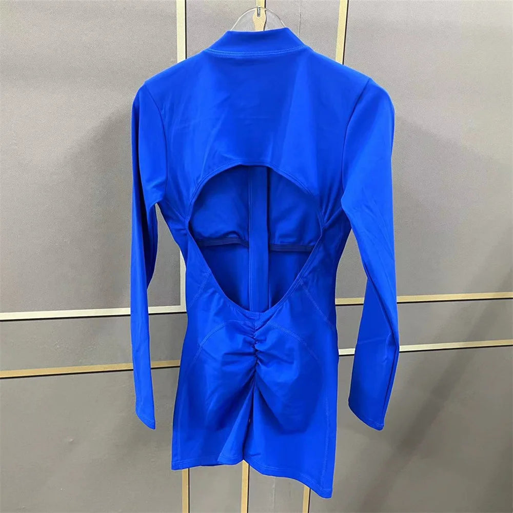 2025 Pad Zipper Long Sleeve Yoga Set Women One Piece Jumpsuit Gym Workout Shorts Fitness Bodysuit Sports Athletic Suit XP358 Badiee Stylez