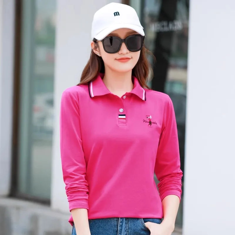 European Station Polo Neck Long sleeved T-shirt Women's Summer New High end Luxury Pure Cotton Loose Fashion Casual Large Top rose