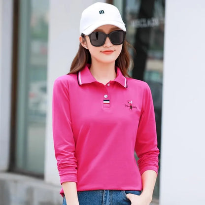 European Station Polo Neck Long sleeved T-shirt Women's Summer New High end Luxury Pure Cotton Loose Fashion Casual Large Top rose