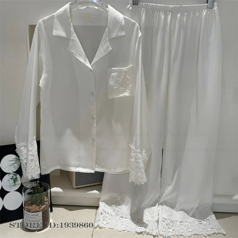 Female Pajamas Set White Satin Lace Trim Bride Wedding Sleepwear Gift Homewear Sexy Loose Long Sleeve Trouser Suit Loungewear White