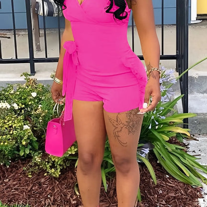 Ruffle Deep V Neck Summer Romper Sexy Bow Tie Short Jumpsuit Women Sleeveless Casual Playsuit Overalls Rompers Rose Red