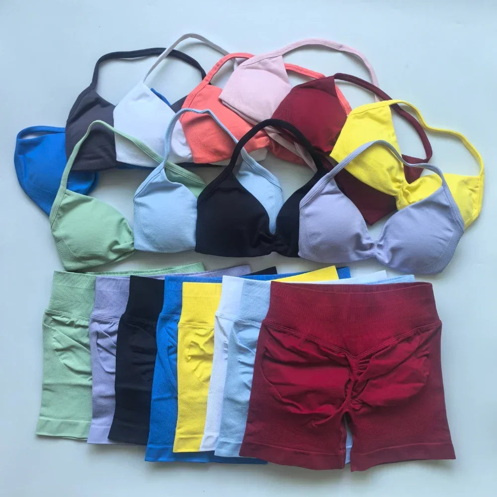 NO LOGO 2PCS Gym Set Women Strappy Yoga Bra Top High Waist Workout Scrunch Shorts Sports Suit Seamless Yoga Set Fitness Clothes Badiee Stylez