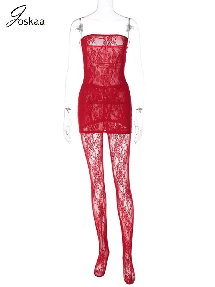 Joskaa Holiday Set Outfit For Women Black Red Lace Baddie 2 Piece Sets Outfits 2024 New Beach Sexy Leggings Club Party Outfit