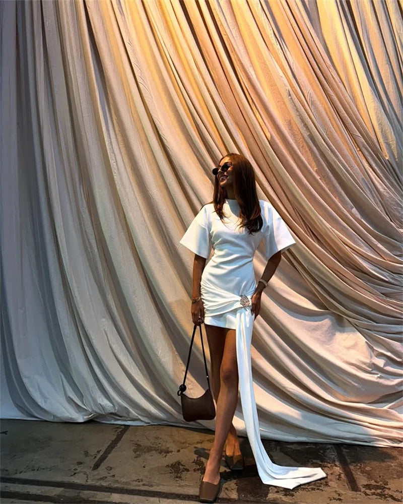 Mozision Fashion Short Sleeve Ruched Sexy Mini Dress Women Elegant Metal Decoration Solid O Neck High Waist Club Dresses New