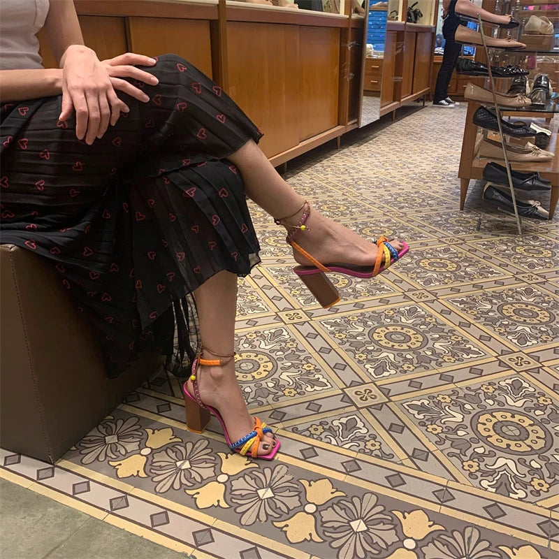 European and American square toe color-blocking thick sole, ethnic style fashion versatile strap high-heeled sandals for women.