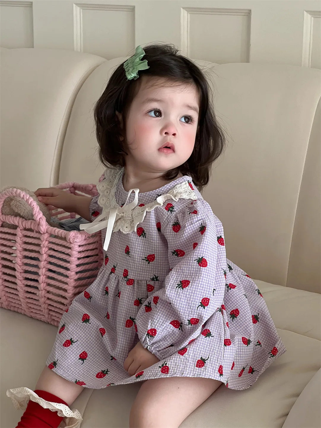 2025 Spring New Baby Girl Long Sleeve Dress Cute Strawberry Print Newborn Toddler Princess Bodysuit Dress Kids Girls Lace Dress