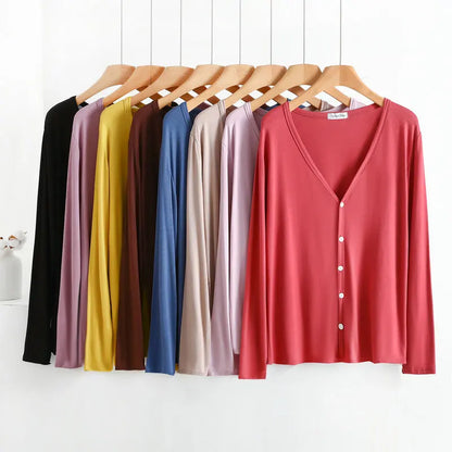 Summer Spring Modal Cardigan Long sleeves Candy colors V Neck Tshirt Open-front sun-proof clothing Air-conditioned tops