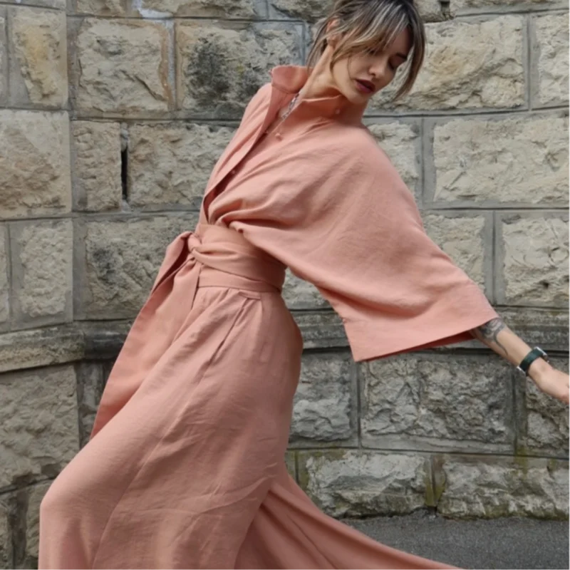 Linen Lace Up Women's Jumpsuit High V-neck Full Sleeve Top Loose Straight-leg Pants 2025 Summer Chic Female Casual Streetwear